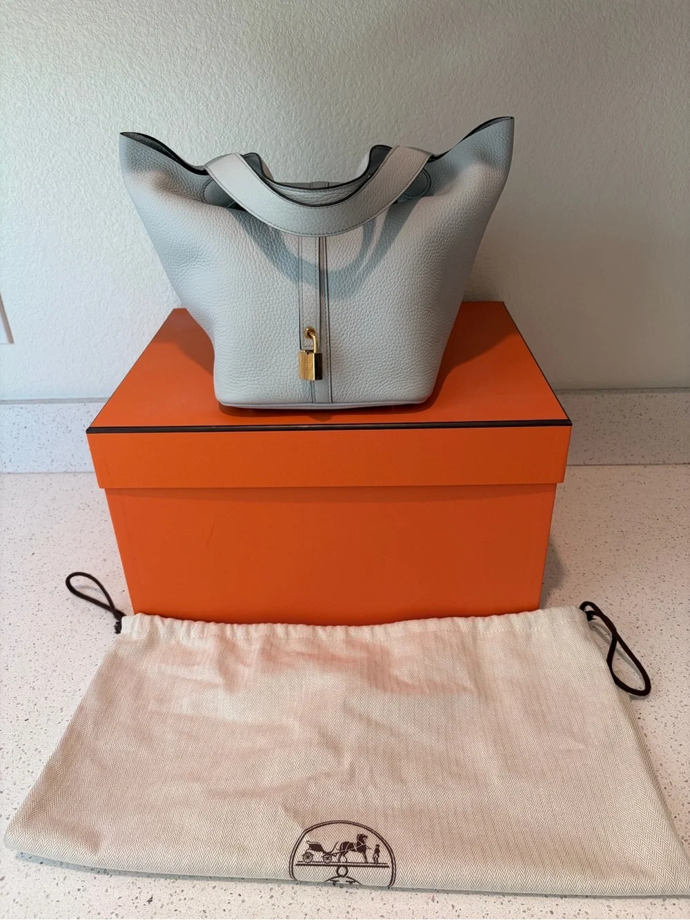 Hermes Bleu Pale Clemence Leather Picotin 22 Authentic